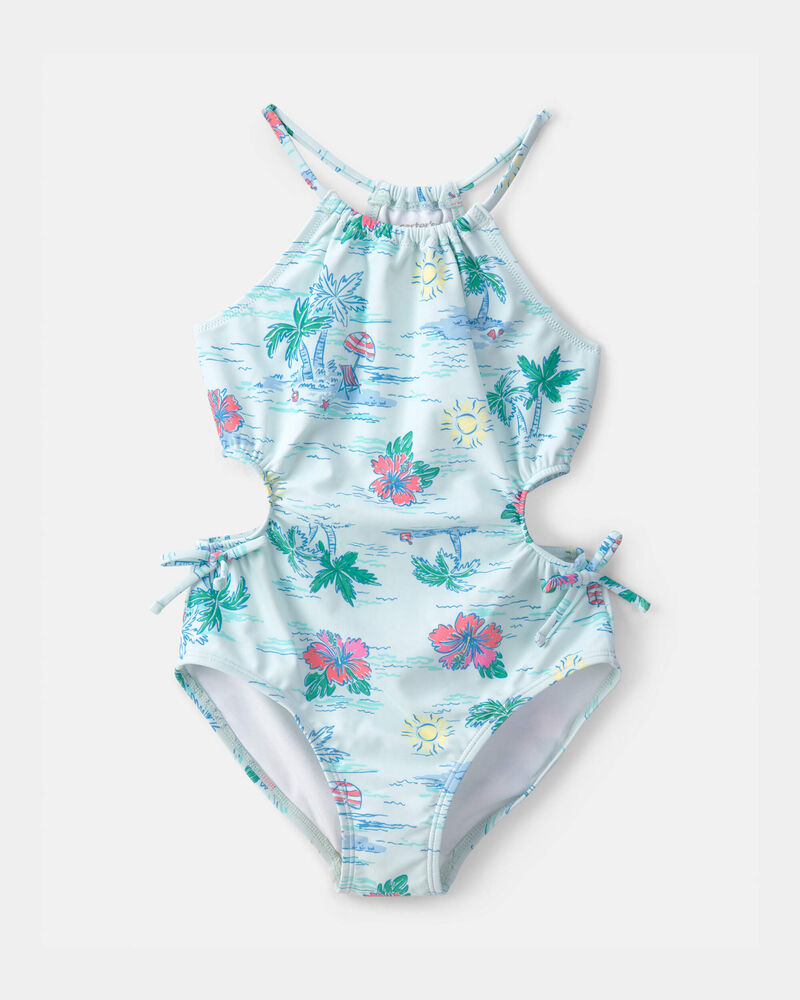 Filles - Maillot de bain 1 pi&egrave;ce sans manches, imprim&eacute; de plage - Bleu, image 1 sur 3 diapositives