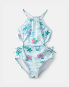 Filles - Maillot de bain 1 pi&egrave;ce sans manches, imprim&eacute; de plage - Bleu, image 1 sur 3 diapositives