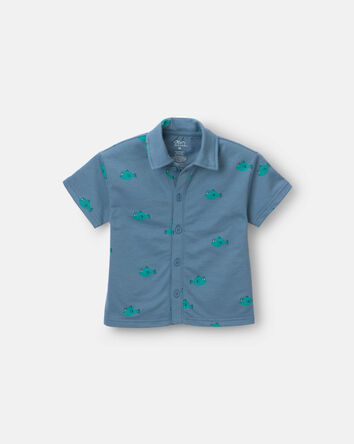 Toddler Boy Button-Down Short-Sleeve Shirt in Fish Print - Slate, 