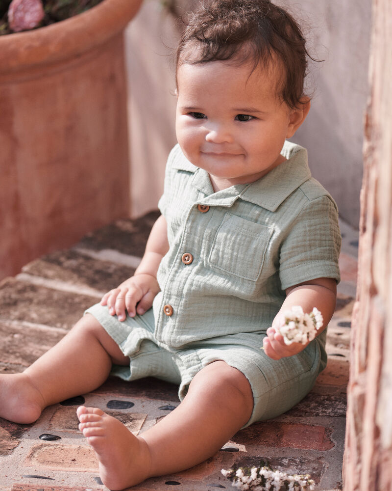 Baby Boy Organic Cotton Gauze Romper in Meadow Green, image 2 of 5 slides