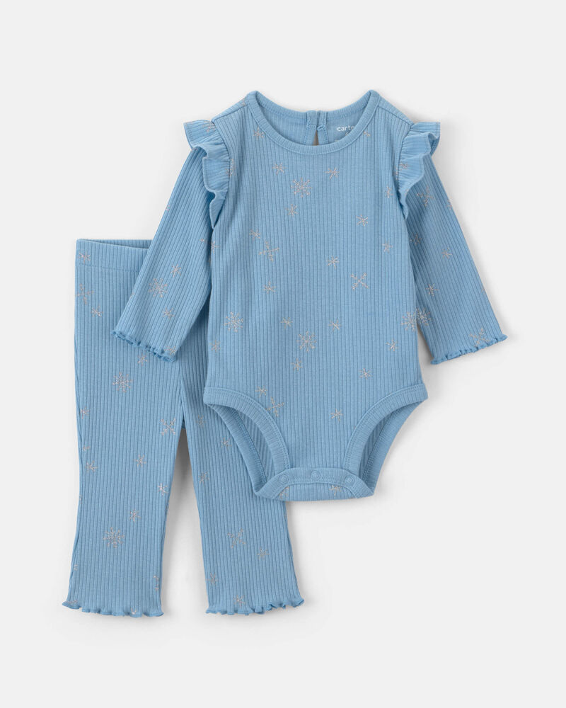 Baby Girl 2-Piece Snowflake Fair Isle Long-Sleeve Bodysuit & Pant Set - Blue, image 1 of 4 slides