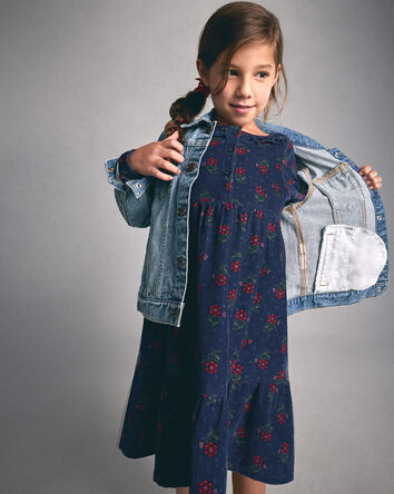 Girls Floral Corduroy Long-Sleeve Dress - Navy Blue, 