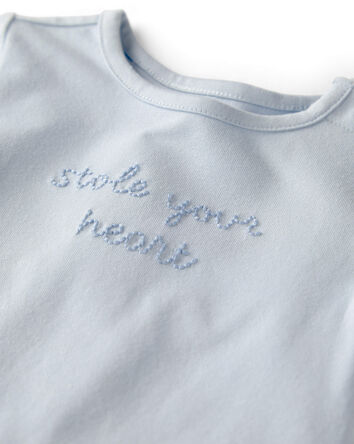 Baby 'Stole Your Heart' Organic Cotton Embroidered Bodysuit in Slate Blue, 