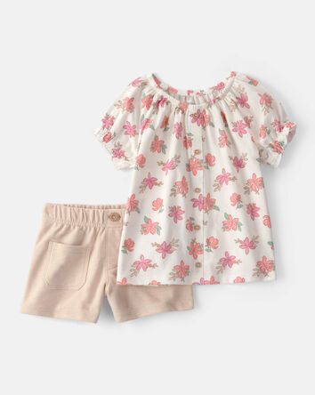 Tout-petit fille - Ensemble 2 pi&egrave;ces haut &agrave; fleurs et short - Cr&egrave;me/Beige, 