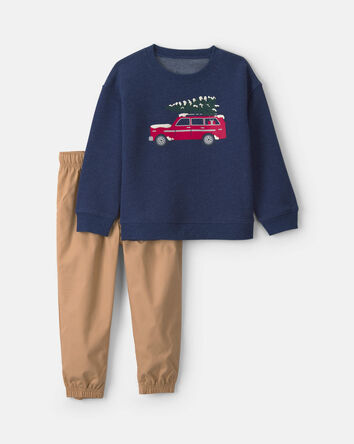 Baby Boy 2-Piece Christmas Car Fleece Pullover & Pant Set - Navy Blue/Khaki, 