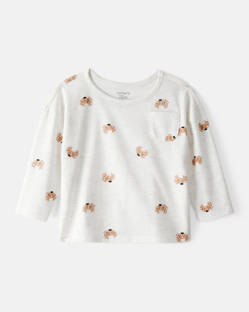 Baby Girl Croissant Print Long Sleeve Tee - Cream, image 1 of 3 slides
