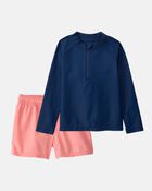 Toddler Boy 2-Piece Rashguard & Swim Trunk Set - Navy/Coral, image 1 of 7 slides