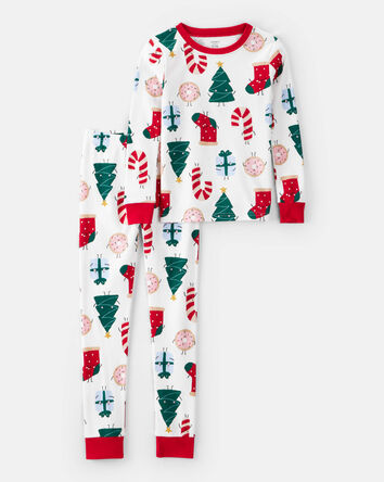 Kid Christmas Print 100% Cotton Long-Sleeve 2-Piece Pyjamas - White, 