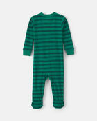 Toddler 1-Piece Striped Snowman 100% Cotton Snug Fit Footed Pyjama - Green, image 2 of 4 slides