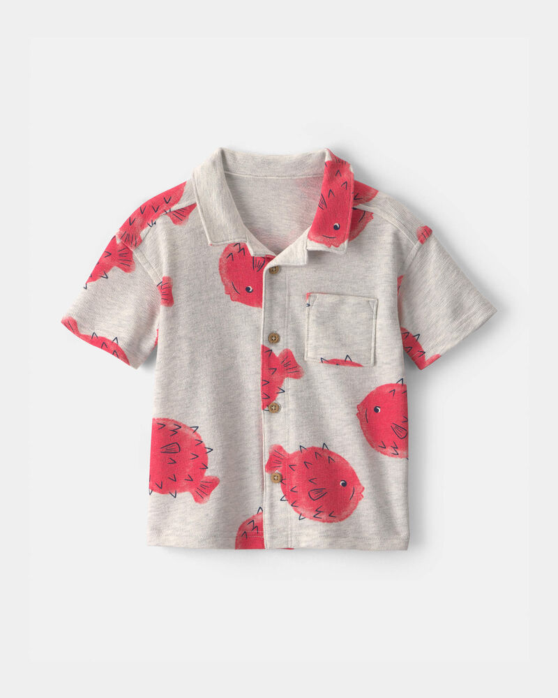Toddler Boy Pufferfish Short-Sleeve Button-Down Shirt - Grey/Red, image 1 of 3 slides