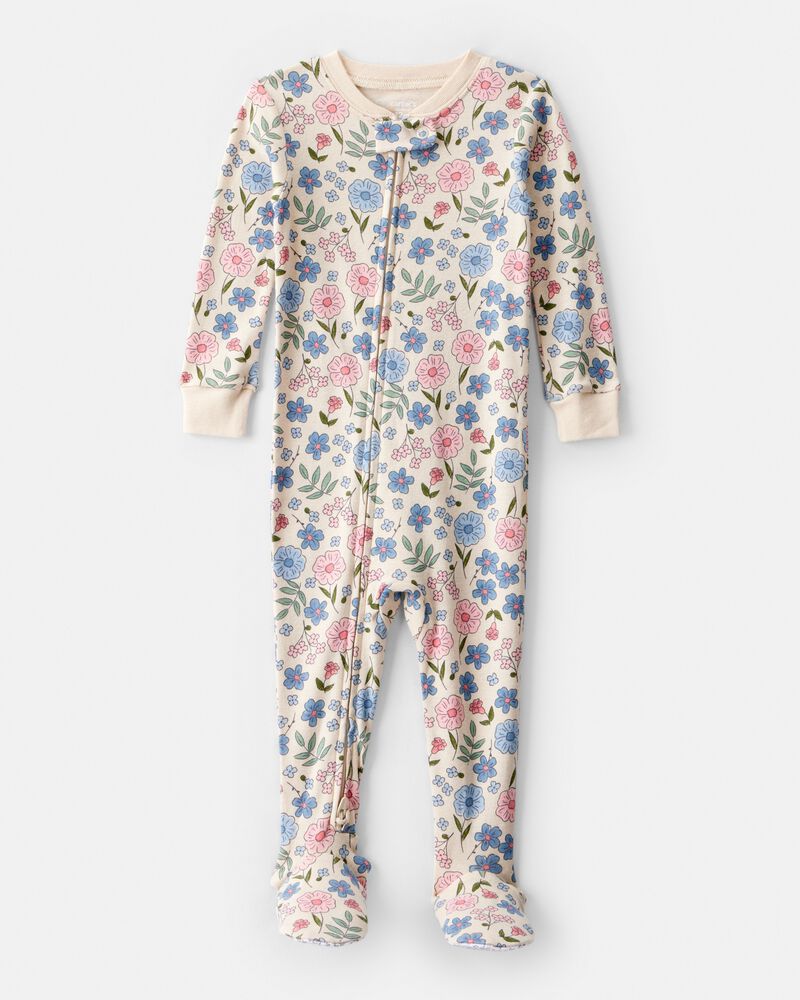 Toddler Girl Floral 100% Cotton Snug Fit Footie 1-Piece Pyjamas - Ivory, image 1 of 3 slides