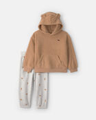 Baby Boy 2-Piece Bear Fleece Hooded Top & Pant Set - Brown/White, image 1 of 5 slides