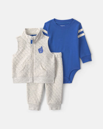 Baby Boy 3-Piece Varsity Quilted Layering Set - Grey/Blue, 