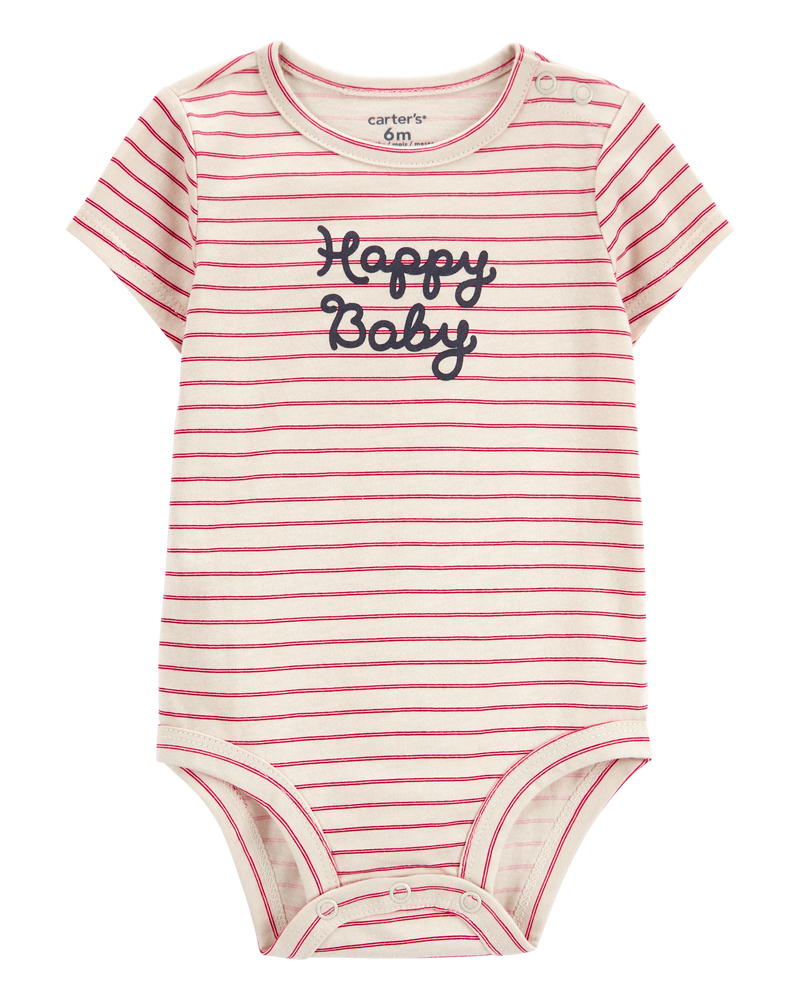 Baby Striped "Happy Baby" Short-Sleeve Bodysuit - Red/Ivory, image 1 of 3 slides
