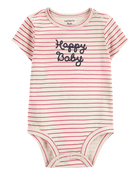 Baby Striped "Happy Baby" Short-Sleeve Bodysuit - Red/Ivory, image 1 of 3 slides