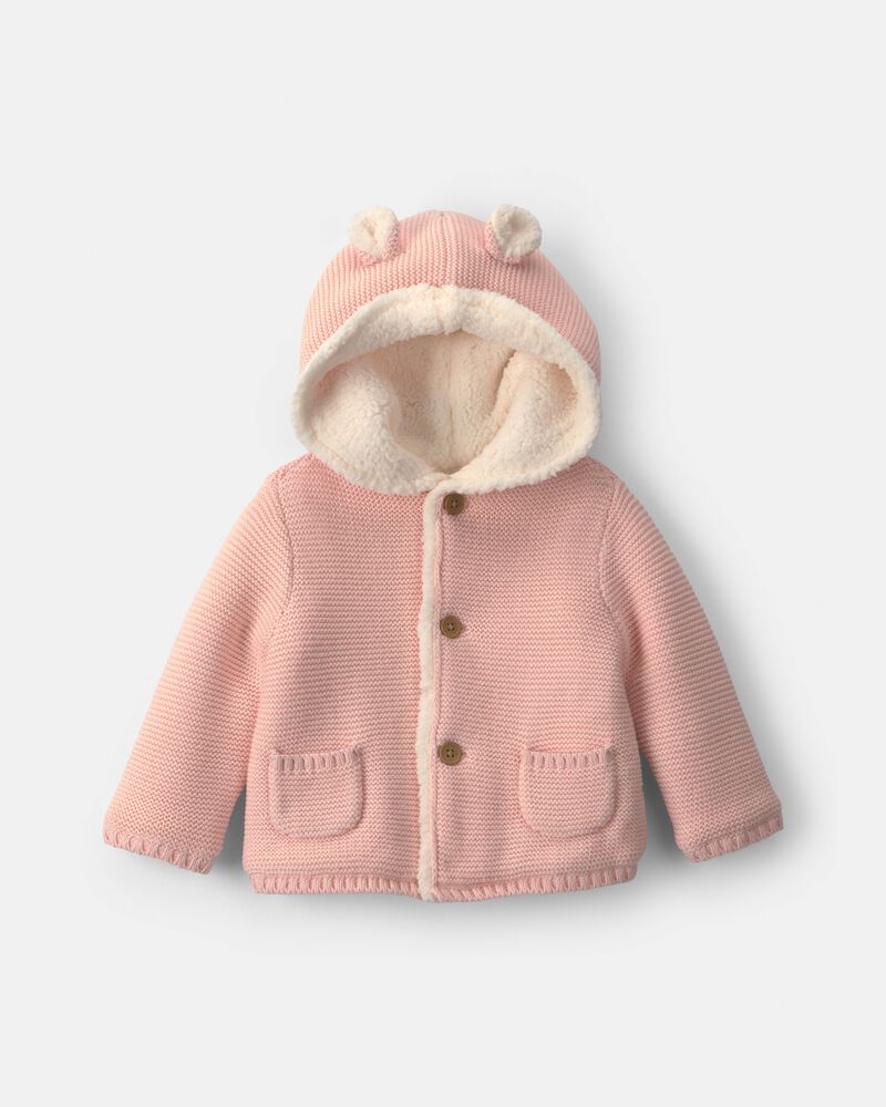 B&eacute;b&eacute; fille - Blouson tricot &agrave; capuchon &agrave; th&egrave;me ourson &ndash; Rose, image 1 sur 3 diapositives