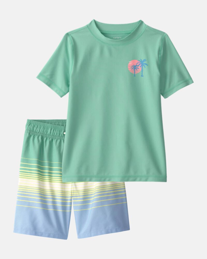 Boys 2-Piece Palm Tree Rashguard & Swim Trunk Set - Green, image 1 of 8 slides