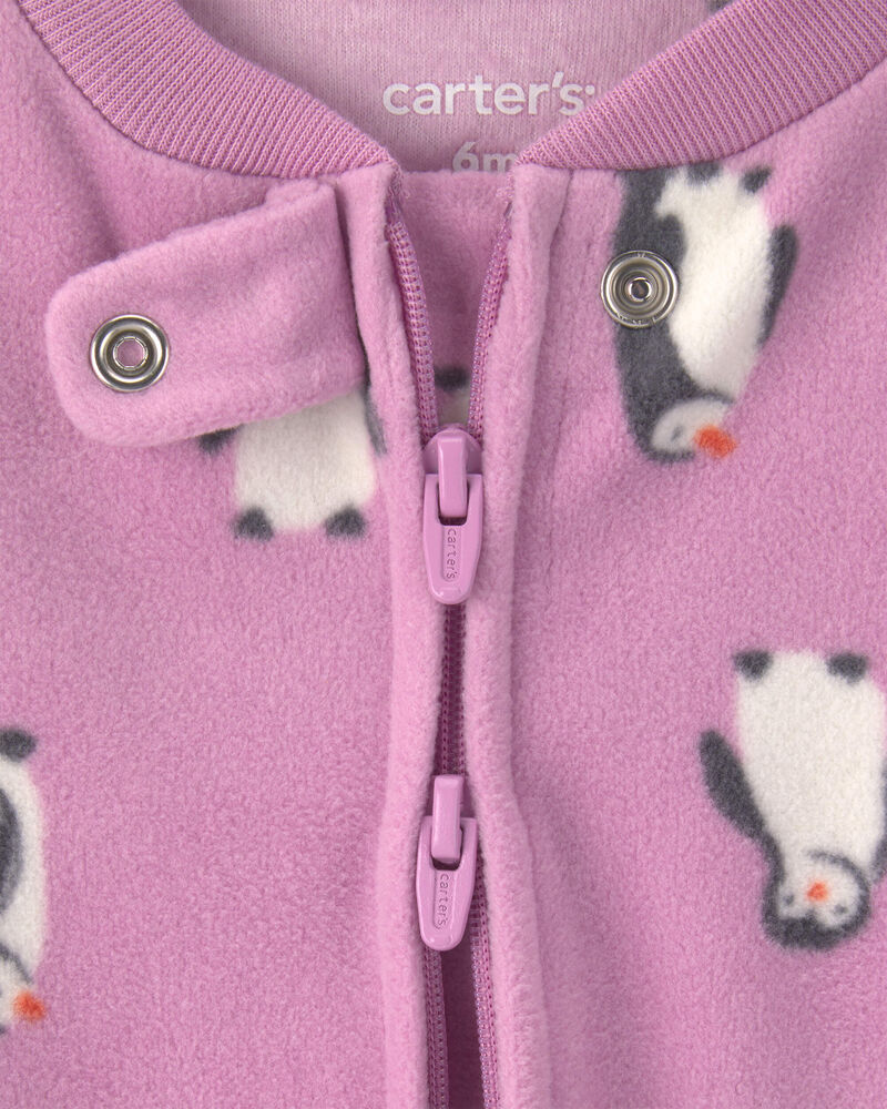 B&eacute;b&eacute; fille - Grenouill&egrave;re en molleton &agrave; fermeture &agrave; glissi&egrave;re double sens et motif manchot - Mauve, image 5 sur 5 diapositives