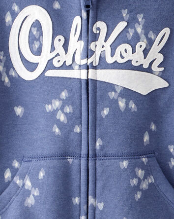 Toddler Heart Print French Terry Hooded Jacket - Blue, 