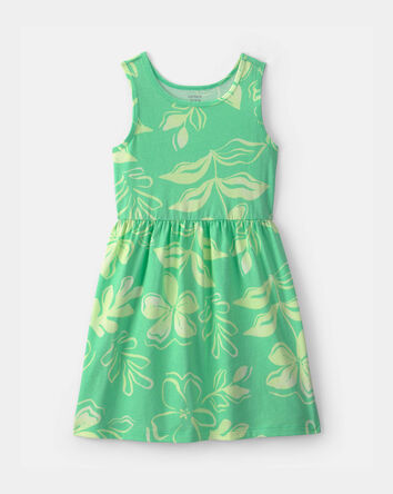 Girls Tropical Floral Sleeveless Knit Dress - Green, 