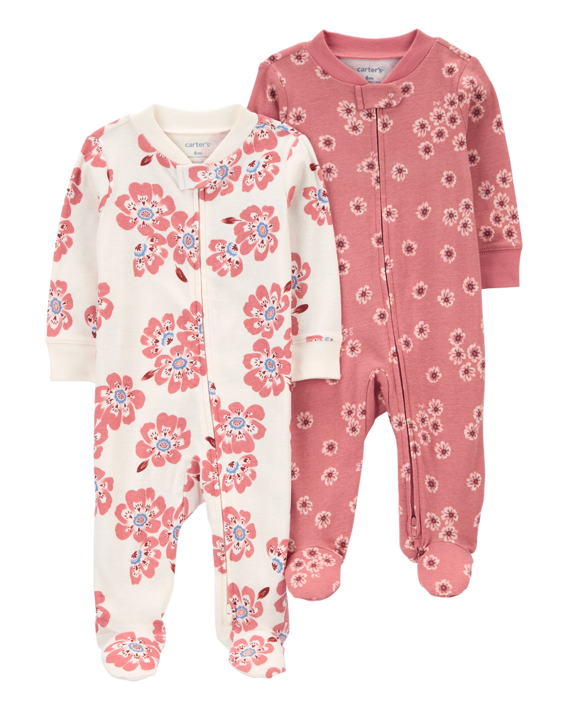 Baby 2-Pack Floral 2-Way Zip Cotton Sleepers, image 1 of 5 slides