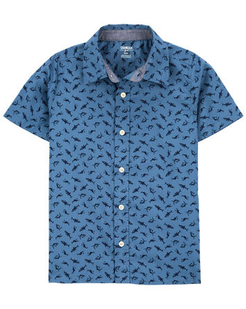 Shark Print Button-Front Short Sleeve Shirt, 