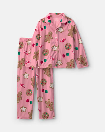 Girls 2-Piece Christmas Gingerbread Fleece Loose Fit Pyjama Set - Pink, 