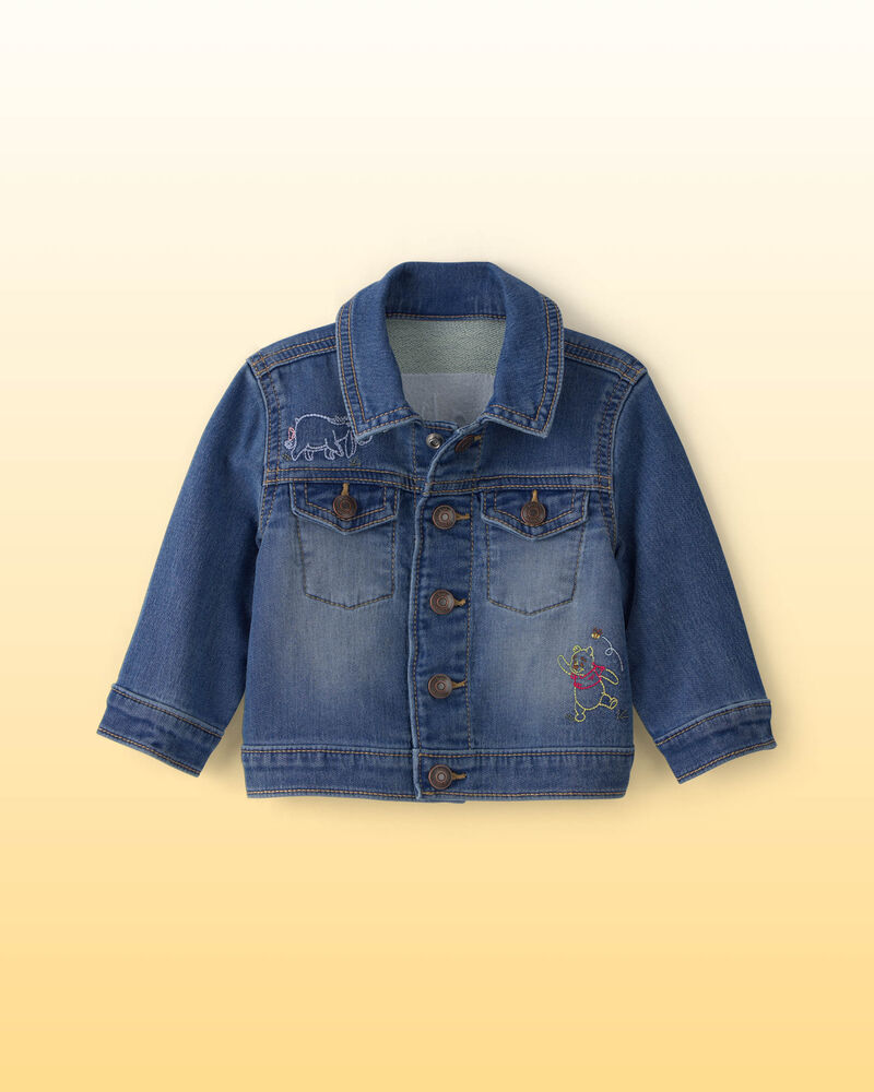 Baby Disney&copy; Winnie the Pooh Embroidered Knit-Like Denim Jacket with Back Art - Dark Wash, image 1 of 7 slides