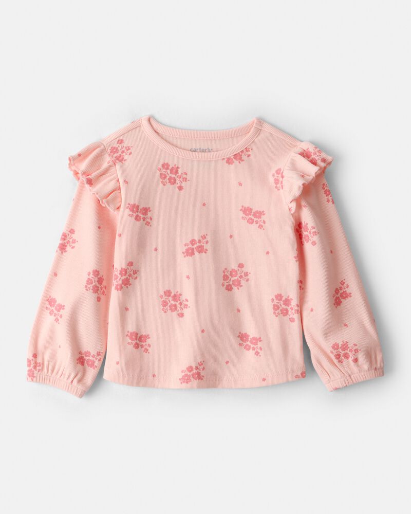 Baby Girl Floral Cotton Ruffle Long-Sleeve Top - Pink, image 1 of 3 slides