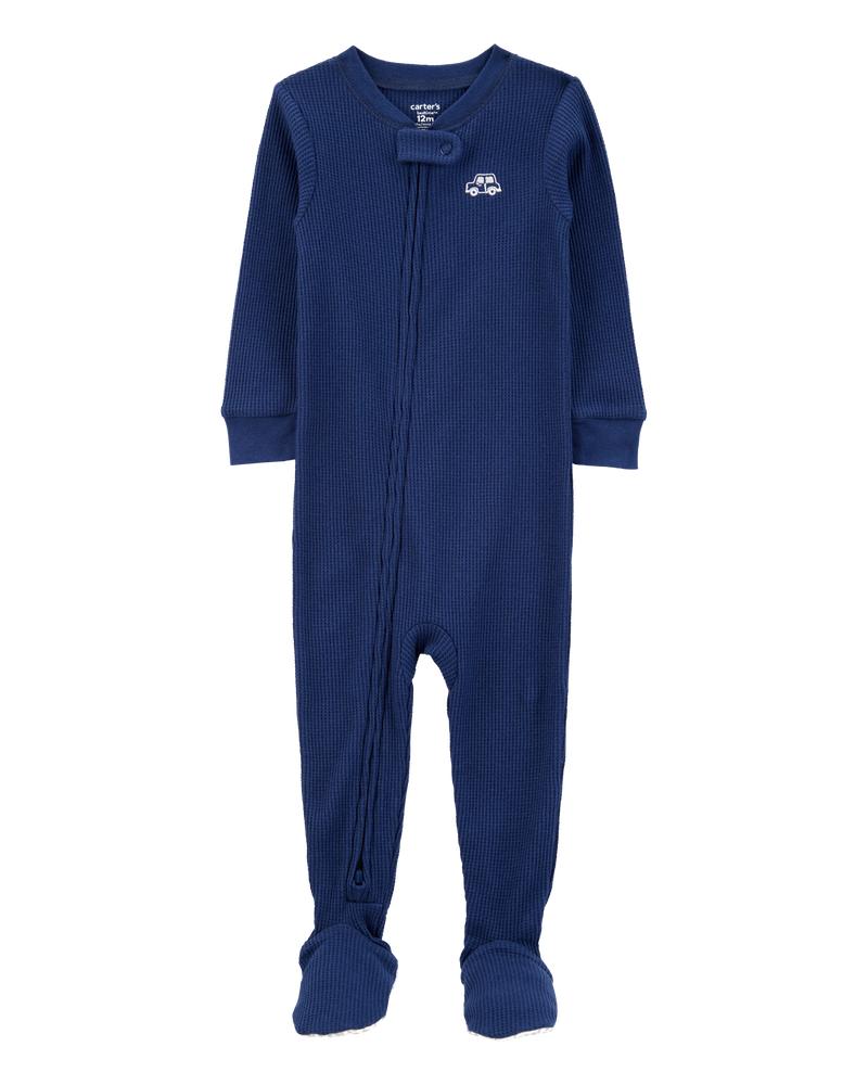 Toddler Boy Car Waffle Knit Footie 1-Piece Pyjamas - Navy, image 1 of 4 slides