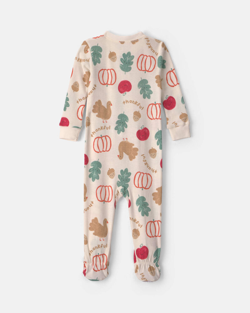 Baby 1-Piece Thanksgiving 2-Way Zip 100% Cotton Snug Fit Footed Pyjama - Cream, image 2 of 5 slides