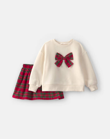 Baby Girl 2-Piece Bow Plaid Fleece Long-Sleeve Top & Skort Set - Cream/Red, 