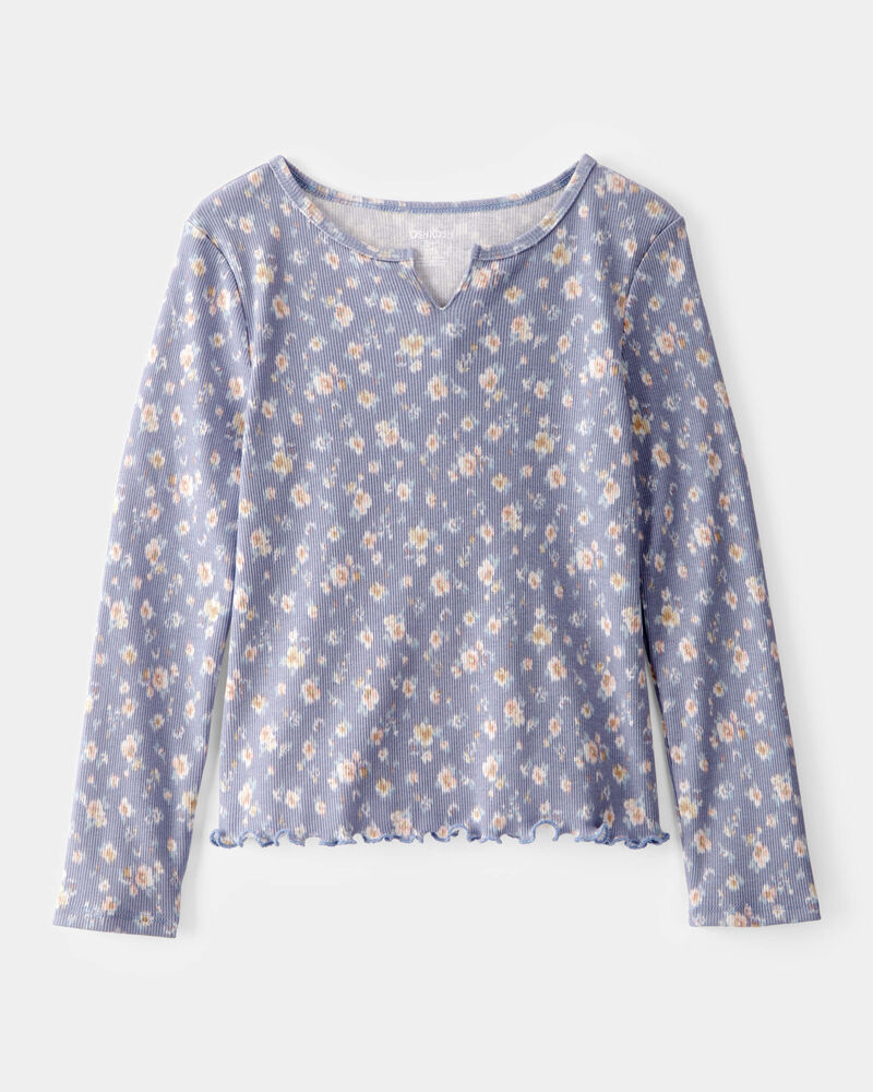 Kid Ribbed Floral Print Long-Sleeve Shirt - Blue, image 1 of 3 slides