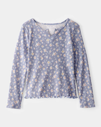 Kid Ribbed Floral Print Long-Sleeve Shirt - Blue, 