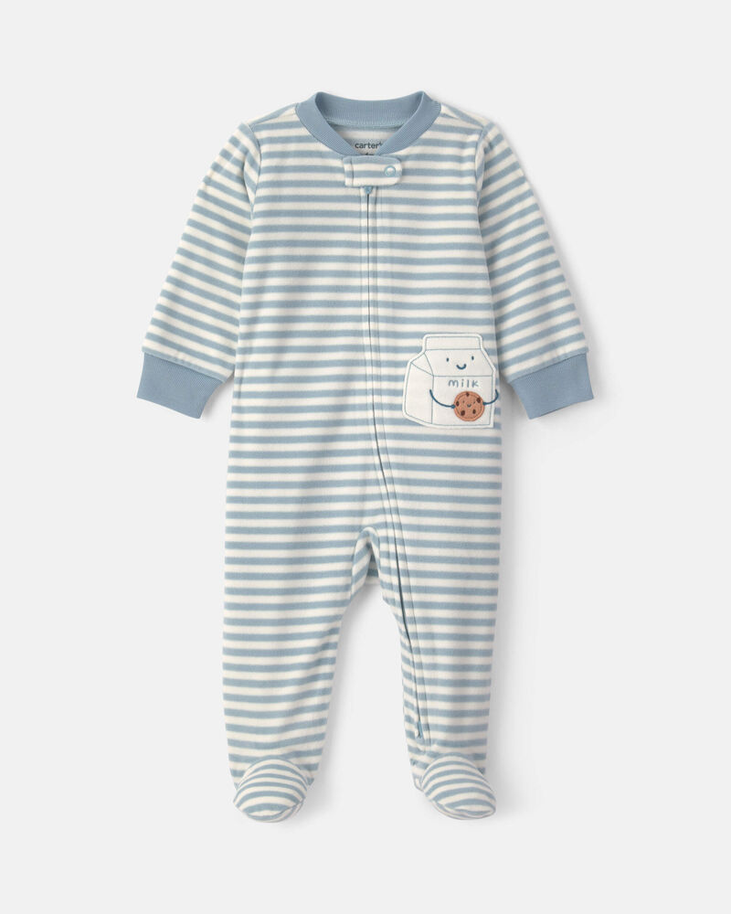 Baby Milk & Cookies Striped Fleece 2-Way Zip Sleepers - Blue, image 1 of 5 slides