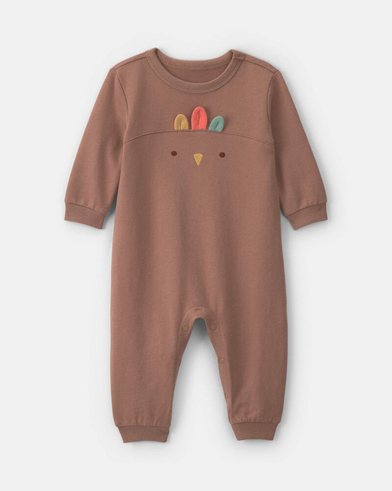 Baby Turkey Thanksgiving French Terry Long-Sleeve Jumpsuit - Brown, image 1 of 5 slides