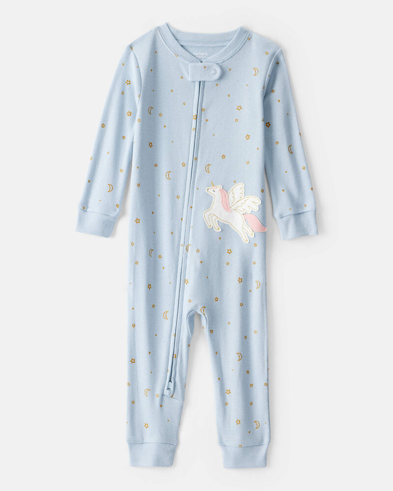 Baby Girl Unicorn Star Print 100% Cotton Long-Sleeve 2-Way Zip 1-Piece Pyjamas - Blue, image 1 of 5 slides
