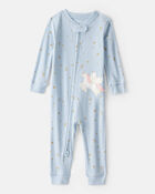 Baby Girl Unicorn Star Print 100% Cotton Long-Sleeve 2-Way Zip 1-Piece Pyjamas - Blue, image 1 of 5 slides