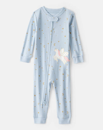 B&eacute;b&eacute; fille - Pyjama une pi&egrave;ce &agrave; manches longues en coton 100 % avec imprim&eacute; &eacute;toile licorne - Bleu, fermeture &eacute;clair &agrave; double sens, 