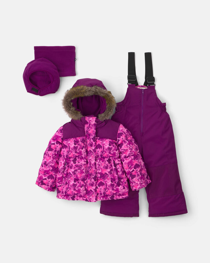 Toddler Girl 2 Piece  Heart Puffer  Snowsuit- Purple, image 1 of 13 slides