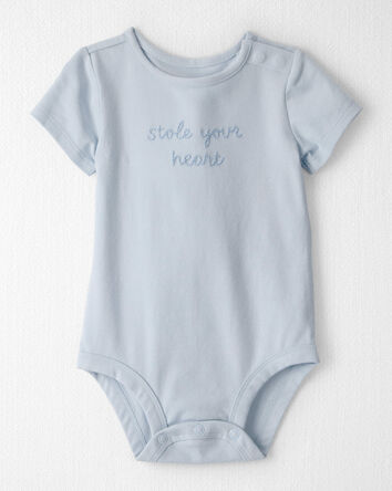 Baby 'Stole Your Heart' Organic Cotton Embroidered Bodysuit in Slate Blue, 