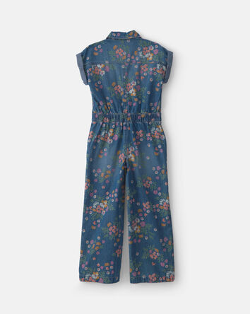Girls Floral Denim Short-Sleeve Jumpsuit - Dark Wash, 