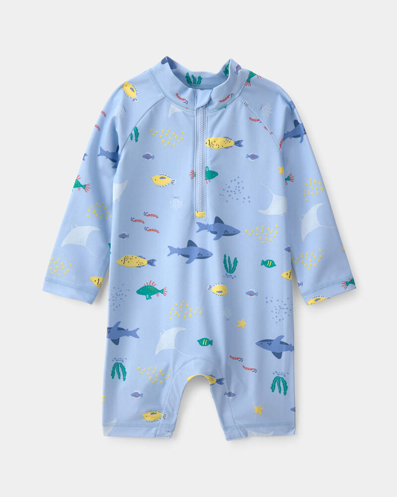 Baby Boy Fish 1-Piece Rashguard Swimsuit - Blue, image 1 of 4 slides