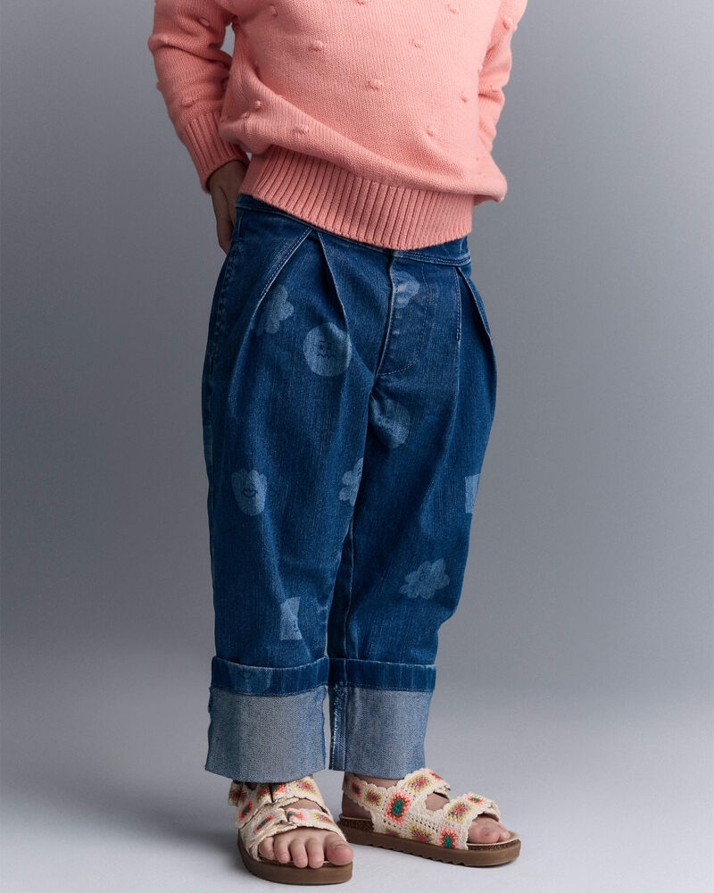 Toddler Girl Character Print Cuffed Pleat Pant in Denim - Blue, image 1 of 7 slides