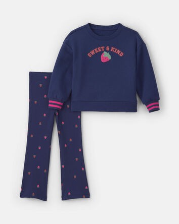 Toddler Girl 2-Piece 'Sweet & Kind' Strawberry Fleece Long-Sleeve Top & Pant Set - Navy Blue, 