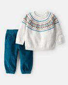 Baby Boy 2-Piece Fair Isle Sweater & Pant Set - Grey/Blue, image 1 of 6 slides