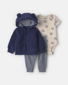 Baby Boy 3-Piece Bear Teddy Fleece Layering Set - Navy Blue/Cream, image 1 of 6 slides