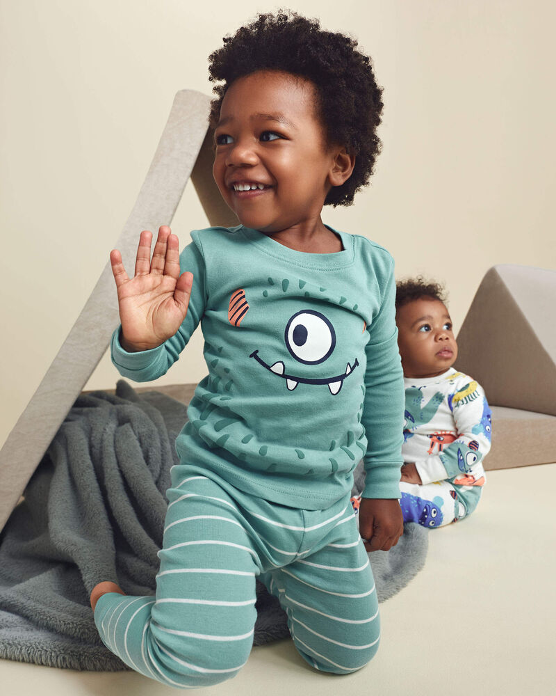 Tout-petit gar&ccedil;on - Pyjama ajust&eacute; 4 pi&egrave;ces en 100 % coton &agrave; motif monstre &ndash; Sarcelle/Cr&egrave;me, image 3 sur 6 diapositives