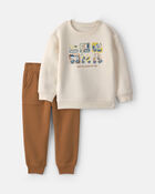Tout-petit gar&ccedil;on - Ensemble 2 pi&egrave;ces haut manches longues et pantalon en molleton &agrave; th&egrave;me construction &ndash; Cr&egrave;me/Brun, image 1 sur 4 diapositives