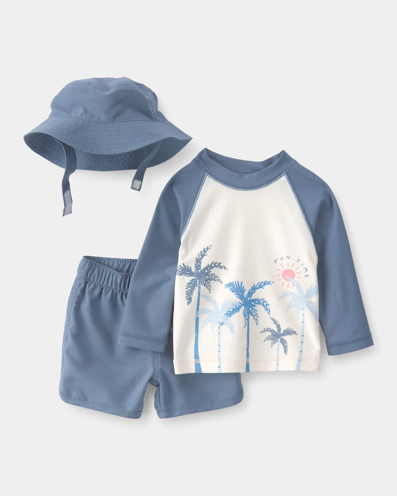 Baby Boy 3-Piece Palm Tree Solid Long-Sleeve Rashguard Swimsuit Set - Blue/White, image 1 of 5 slides